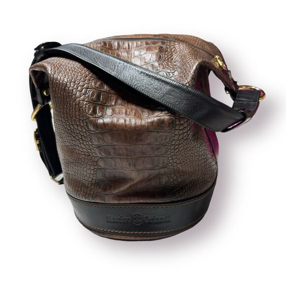 Marino Orlandi Leather Bucket Bag Croc Embossed‎ Leather Dual Sling Tote Vintage - Picture 3 of 10